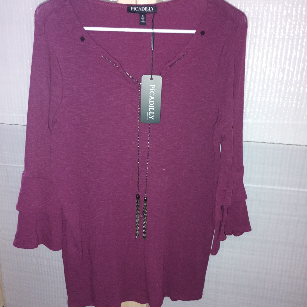 Picadilly Fashion Plum V-Neck Tie Ruffle Sleeve Tunic